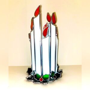 VTG Christmas holiday Stained Glass Lead Holly 11 Candle Holder handmade